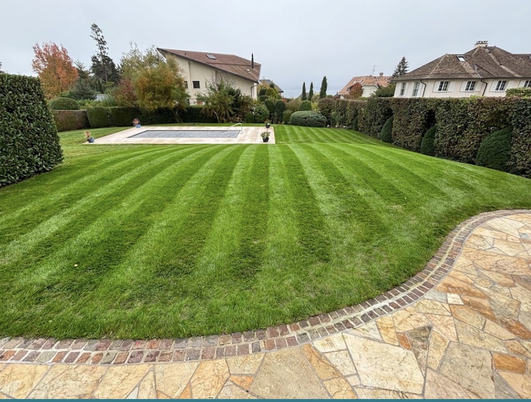 Pelouse tondue avec rayures nettes dans un jardin de l'Eure